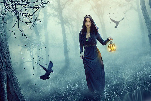 девушка с фонарем в лесу и ворона