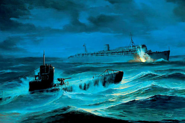 субмарина атакует корабль