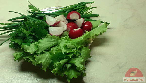 лук, салат и редис