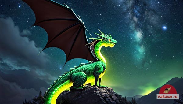 зелёный дракон на фоне ночного неба