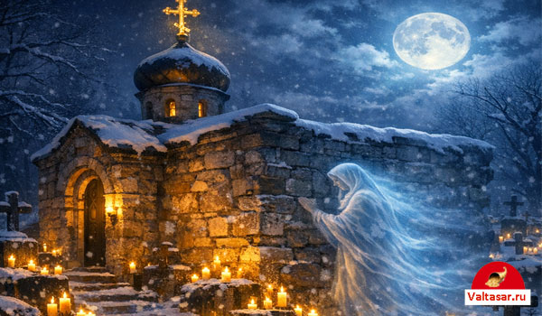 призрак возле православного храма ночью при луне