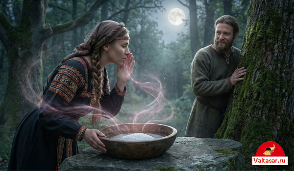 женщина делает обряд на соль в лесу при луне