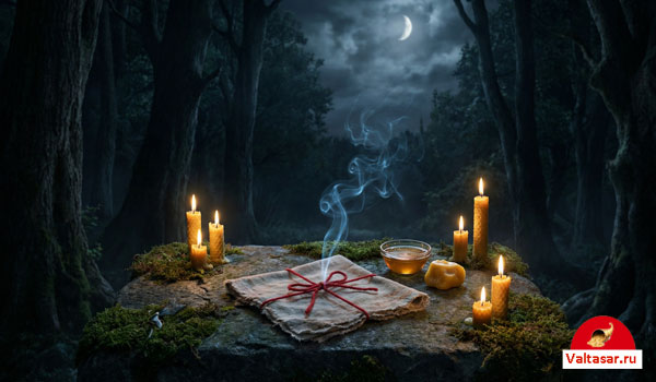 свиток с заклинаниями перевязан красной нитью, свечи
