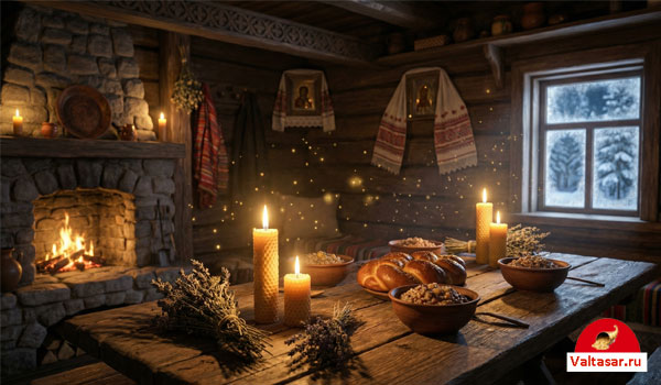 стол со свечами, травами и угощением на Святки