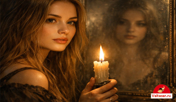 девушка гадает на Святки с зеркалом и свечой