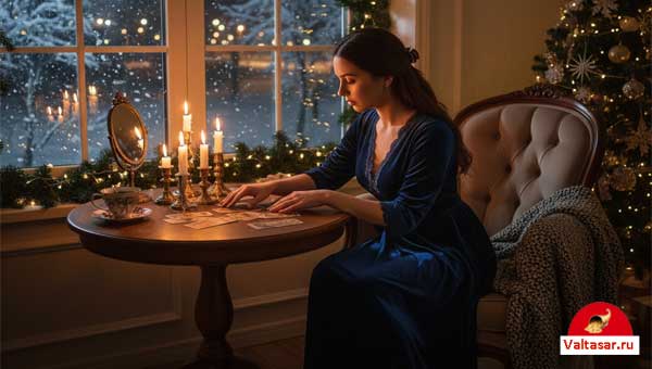 девушка гадает у окна в зимнюю ночь