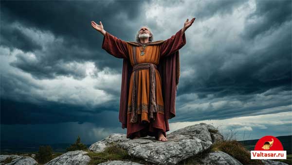 волхв стоит на скале, раскинув руки