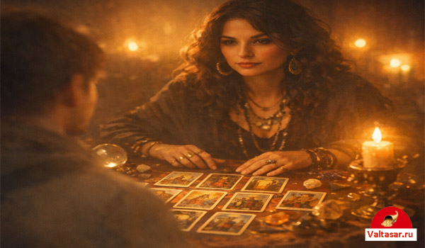 цыганка гадает на картах молодому мужчине
