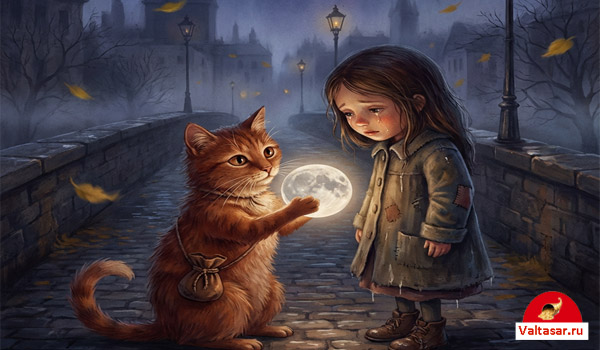 рыжий кот дарит луну девочке