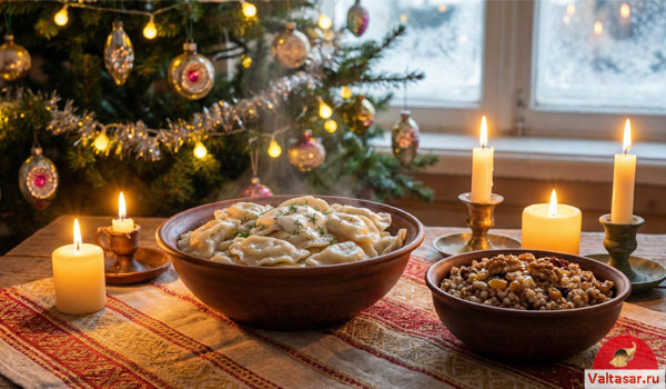 ёлка, свечи, миска с варениками и кутьёй