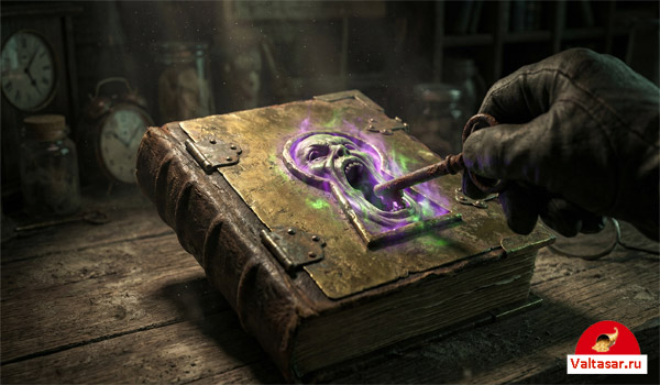 книга с человеческим лицом и замочной скважиной, ключ