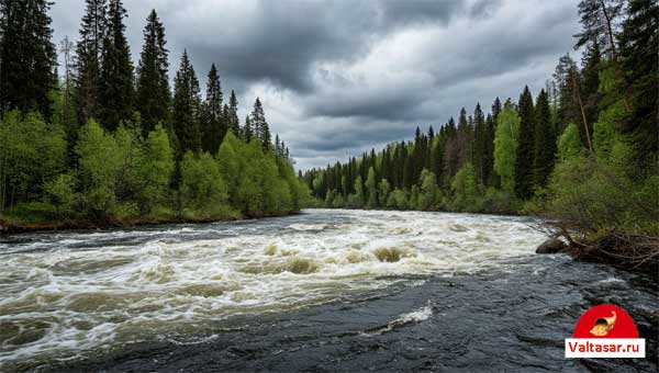 стремительная река под пасмурным небом