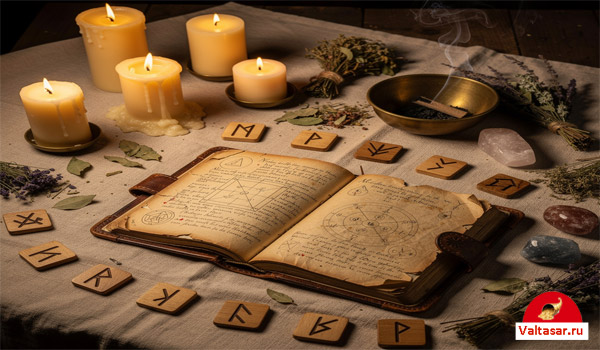 свечи, книга с заклинаниями и руны