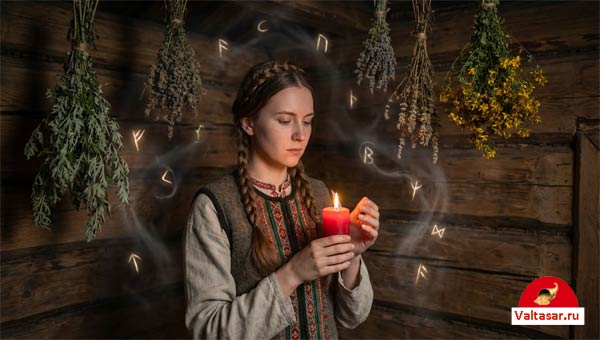 девушка в деревянном срубе держит свечу в руках, под потолком развешены травы