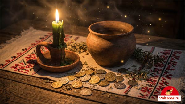 свеча, кувшин и рассыпанная по столу мелочь