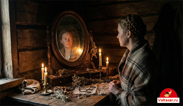 женщина перед зеркалом при свечах