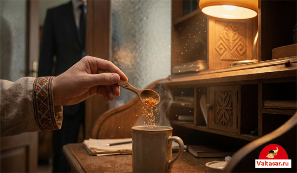 человек в славянской рубахе сыпет сахар в кружку