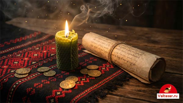 свеча, монеты и свиток с заклинанием на ковре