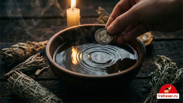 свеча, плошка с водой и монета