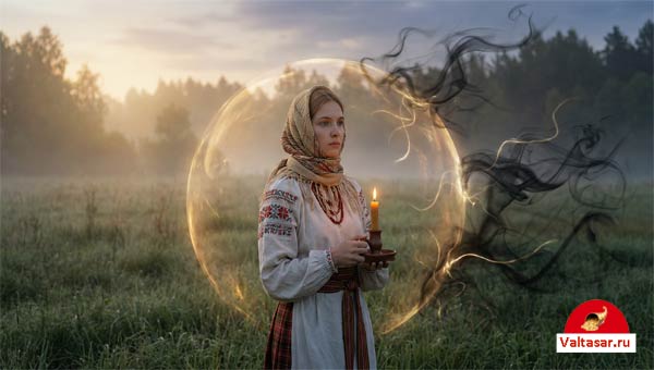 девушка в славянском платье, окруженная защитной аурой, держит в руках свечу