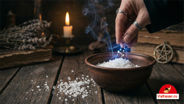 колдунья насыпает соль в миску